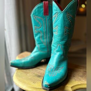 Frye Cowboy Boots Turquoise and Red